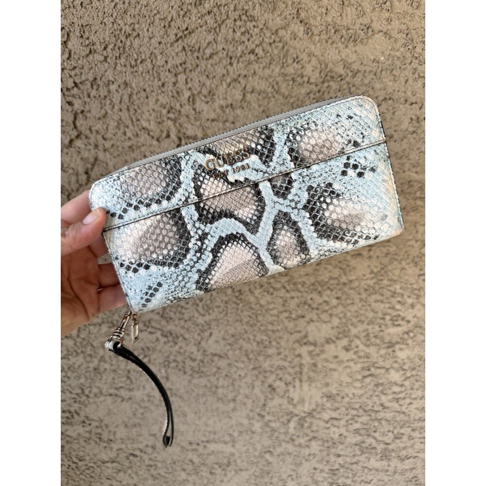 GUESS Gray Blue Faux Snakeskin Embossed Zip Around Card ID Wallet Y2K